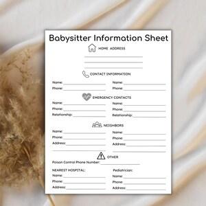 BABYSITTER Information Sheet Printable, BABYSITTER Binder, Nanny Binder ...