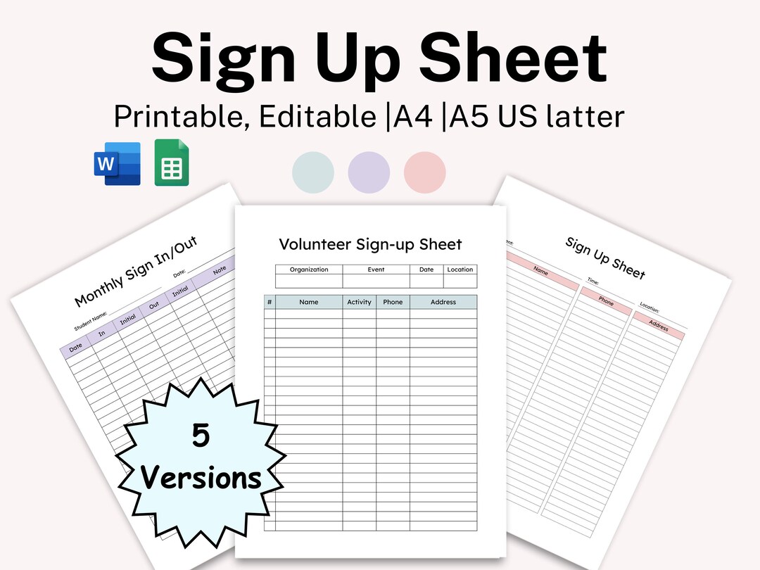EDITABLE Sign up Sheet Printable Google Sheet/microsoft Word Template ...
