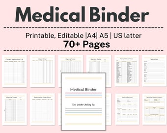 May include: A printable medical binder with a cover that says "Medical Binder" and "This Binder Belong To:". The binder has 70+ pages and is designed for A4 or A5 paper.