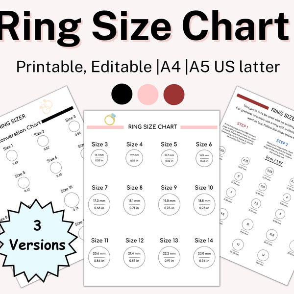 RING SIZE Chart, Printable Diamond Ring Sizer, Ring Size Finder, Ring Size Guide, Ring Size Measure, Ring Sizer Tool, Conversion Chart A4 A5