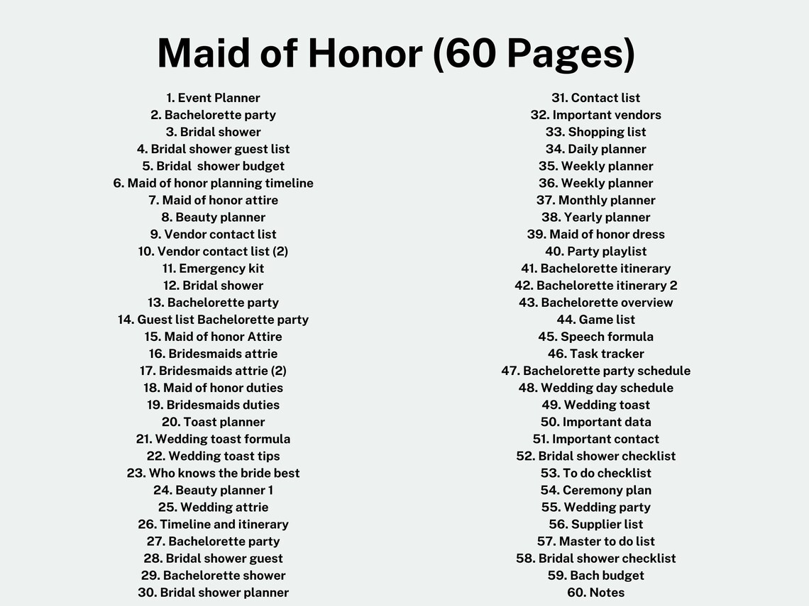 Maid of Honor Planner Printable, 60pg Matron of Honor Wedding Planner ...