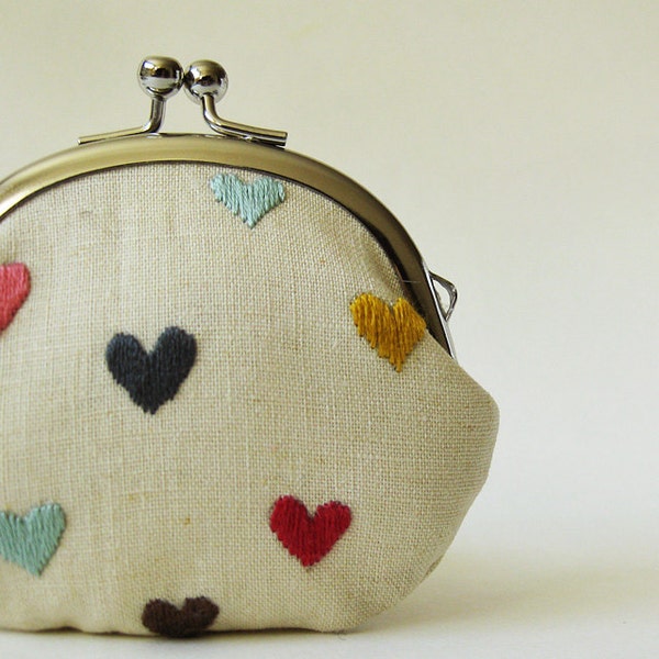 coin purse - multi-color hearts on linen