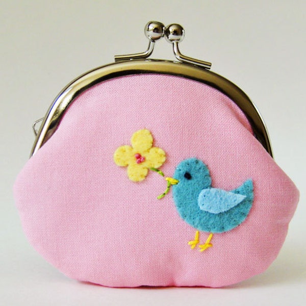 Coin purse - bird with flower on pink