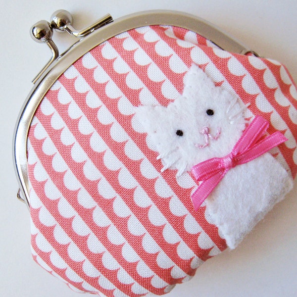 Cat coin purse white kitty on pink scalloped stripes