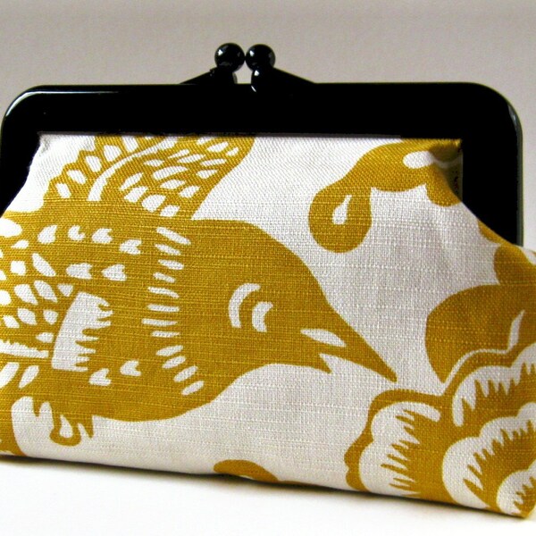 plastic frame clutch (square) - mustard hummingbird and flowers