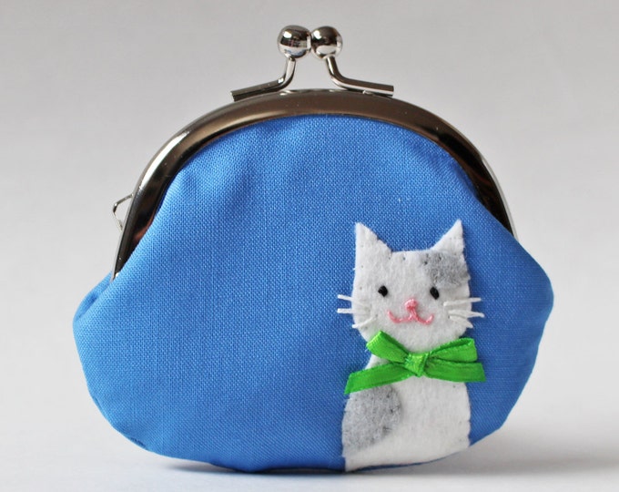 Cat Purse Cat Coin Purse Change Purse White Cat With Gray Etsy
