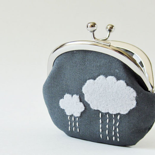 Coin purse rain clouds on charcoal gray kiss lock coin purse change purse storm clouds grey frame pouch
