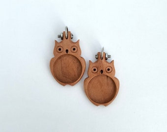 Owls - Very small pendants or EARRINGS blanks - Hardwood - 20 mm cavity - Set of two