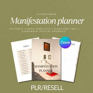 May include: A digital product mockup showing a manifestation planner Canva template. The template is shown in three sections: an index page, a manifestation planner page, and a tracker page. The planner is designed with a minimalist aesthetic and features a simple, clean layout. The text "PLR/RESELL" is displayed at the bottom of the image.