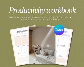 May include: A digital productivity workbook template for Canva. The template features a daily planner, a to-do list, and a schedule section. The template is designed with a minimalist aesthetic and features a light gray background with a subtle light source.