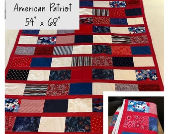 PATRIOTIC QUILT 54" x 68" - 100% Cotton - Free Shipping - Toddler Quilt - Baby Play Mat - Quilted Blanket - Lightweight - Dog Blanket