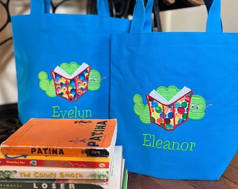 TOTE BAG Book Worm Library Bag Custom Designed and Personalized Toddler or Big Kid Tote
