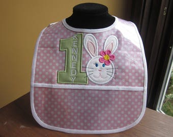 FIRST BIRTHDAY BIB Bunny Rabbit with Number and Name Embroidered