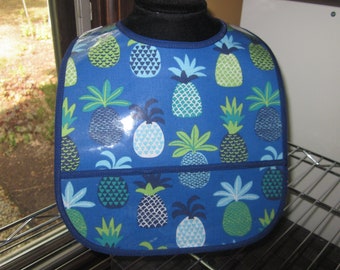 WATERPROOF WIPEABLE Plastic Coated Baby or Toddler Bib Tropical Hawaii Blue and Green Pineapples