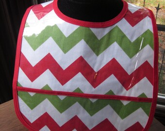 WATERPROOF WIPEABLE Baby to Toddler Wipeable Plastic Coated Christmas Red and Green Chevron Stripes