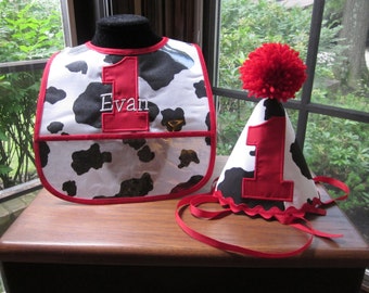 FIRST BIRTHDAY SET Birthday Hat and Matching Bib Cow Print with Red Accents