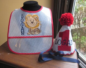 KIDS BIRTHDAY SET Leo Lion Birthday Hat and Matching Bib with Name Embroidered