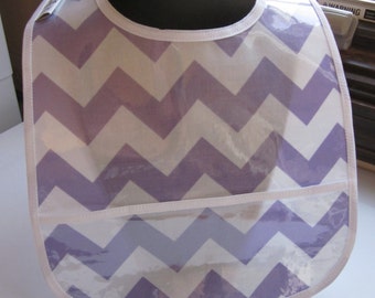 WATERPROOF WIPEABLE Baby or Toddler Wipeable Plastic Coated Bibs Lavender and White Chevron