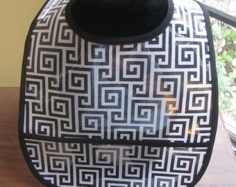 WATERPROOF WIPEABLE Baby or Toddler Plastic Coated Bib Black and White Geometric