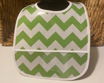 WATERPROOF WIPEABLE Baby or Toddler Wipeable Plastic Coated Bib Green and White Chevron