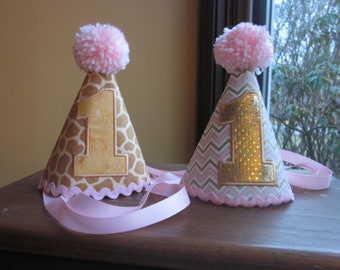 FIRST BIRTHDAY Birthday Hat -- Gold and Pale Pink Giraffe or Chevron