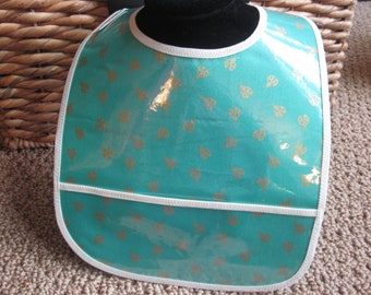 WATERPROOF WIPEABLE Plastic Coated Baby or Toddler Bib Teal with Gold Lady Bugs