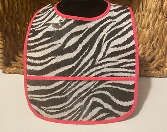 WATERPROOF WIPEABLE Baby or Toddler Wipeable Plastic Coated Bib Zebra Hot Pink Trim