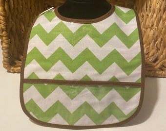 WATERPROOF WIPEABLE Baby or Toddler Wipeable Plastic Coated Bib Green Chevron with Brown Trim