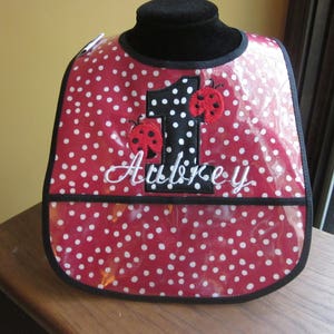 FIRST BIRTHDAY BIB Little Lady Bugs with Number and Name Embroidered
