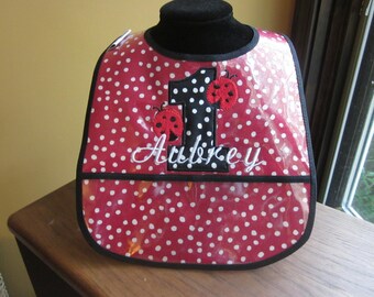 FIRST BIRTHDAY BIB Little Lady Bugs with Number and Name Embroidered