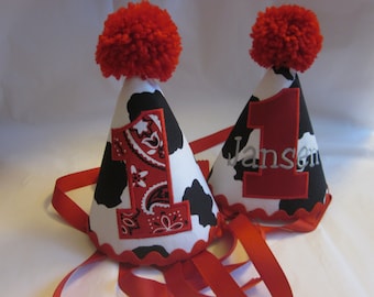 FIRST BIRTHDAY HAT Cow Print with Red Accents