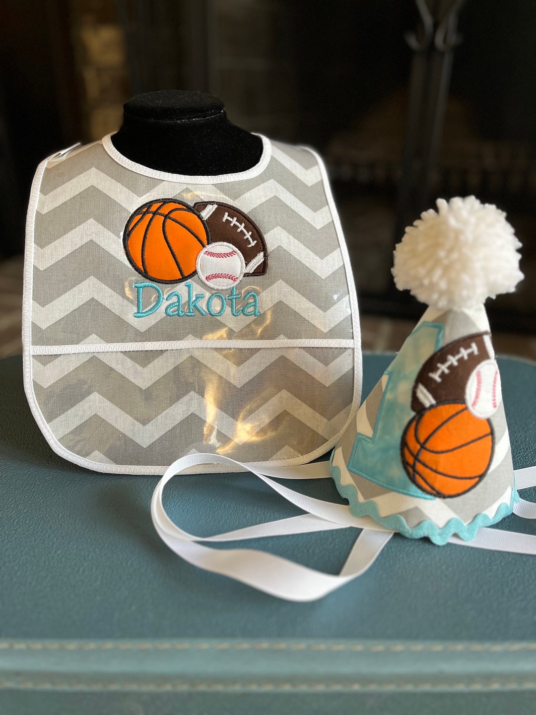FIRST BIRTHDAY SET Birthday Hat and Matching Bib All Star Sports Theme ...