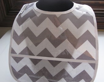 WATERPROOF WIPEABLE Baby or Toddler Wipeable Plastic Coated Bib Gray and White Chevron