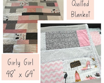 GIRLY QUILT 48" x 64" - 100% Cotton - Free Shipping - Toddler Quilt - Baby Play Mat - Quilted Blanket - Lightweight - Dog Blanket