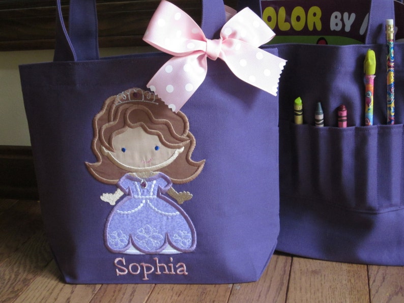 CRAYON TOTE Bag Personalized Toddler or Big Kid Tote WITH Crayon Pocket You choose the Applique