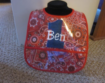 FIRST BIRTHDAY BIB Plastic Coated Bib Bandana wirh Denim Number and Name Embroidered