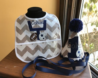 KIDS BIRTHDAY SET Dallas Cowboy Football Birthday Hat and Matching Bib with Name Embroidered