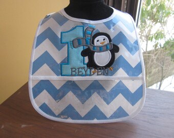 WATERPROOF WIPEABLE Baby to Toddler Wipeable Plastic Coated Bib Blue and White Chevron Winter Penguin Birthday