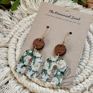 Wood + Acrylic White  Floral Arch Earrings/ Floral Earrings/Boho Earrings/ Lightweight Earrings/Trending/ Wood Earrings/Acrylic Earrings