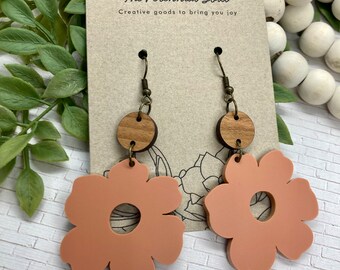 Wood + Acrylic Flower Bloom Earrings/ Floral Earrings/Boho Earrings/ Lightweight Earrings/Trending Earrings/ Wood Earrings/Acrylic Earrings