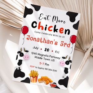 Bearbeitbare Eat More Chichken Einladungsvorlage, druckbare Partyeinladungen, digitale Hühnerparty einladen, Einladungskartenflyer
