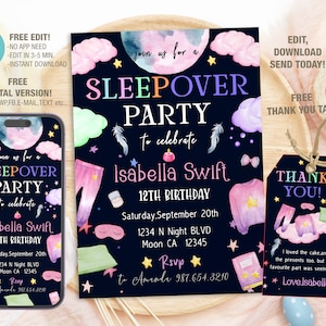 Editable Sleepover Birthday Invitation Template, Printable Slumber Birthday Party Invitations, Digital Bday Party Invite Bday Card