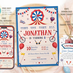 Bewerkbare carnaval verjaardagsuitnodiging sjabloon, afdrukbare Circus verjaardagsfeestje uitnodigingen, digitale Bday Party uitnodigen, uitnodigen Bday Card