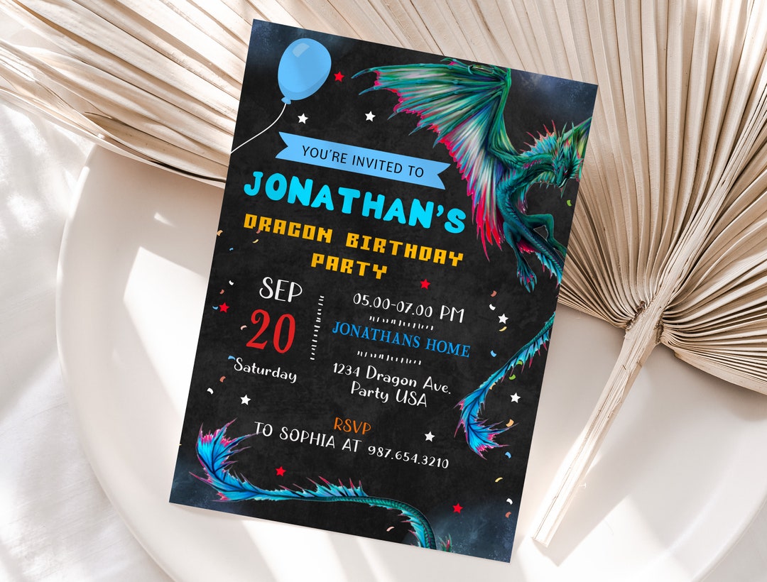 Editable Dragon Birthday Invitation Template, Printable Birthday Party ...