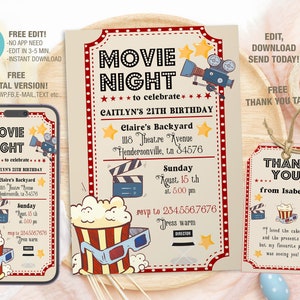 Editable Movie Night Invitation Template, Printable Birthday Party Invitations, Digital Party Invite Template