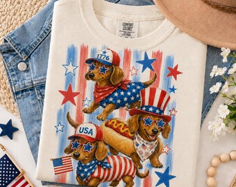 4th of July Dachshund PNG, Patriotic Wiener Dog Sublimation, USA Doxie Shirt Design, Red White Blue Dog Clipart