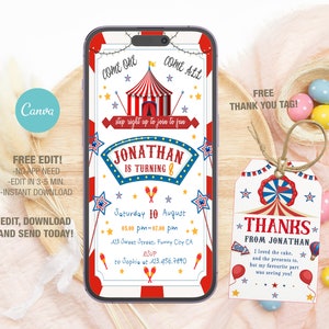 Modèle mobile modifiable d'invitation d'anniversaire de carnaval, invitations de fête d'anniversaire de cirque, invitation numérique de fête d'enfants, carte d'anniversaire de naissance