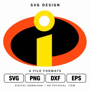 May include: A digital graphic design featuring a stylized letter i inside a yellow circle and a black oval, surrounded by an orange border. Text reads SVG DESIGN, 4 FILE FORMATS, SVG, PNG, DXF, EPS, and DIGITAL DOWNLOAD NO PHYSICAL ITEM.