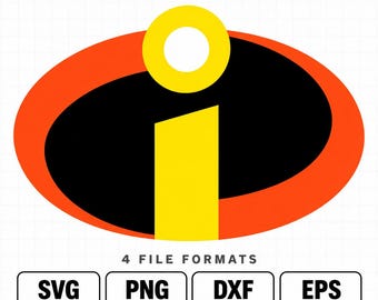 May include: A digital graphic design featuring a stylized letter i inside a yellow circle and a black oval, surrounded by an orange border. Text reads SVG DESIGN, 4 FILE FORMATS, SVG, PNG, DXF, EPS, and DIGITAL DOWNLOAD NO PHYSICAL ITEM.