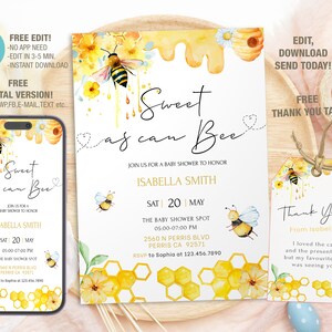 Bearbeitbare Sweet As Can Bee Babyparty-Einladungsvorlage, druckbare Honigbienen-Babypartyeinladungen, digitale Party-Einladungskarte